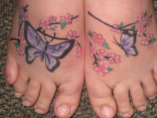 Butterflies & Blossems Tattoo On Feet