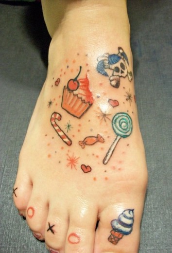 Candy & Skull Tattoo On Foot