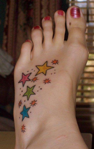 Colorful Stars Tattoo On Foot