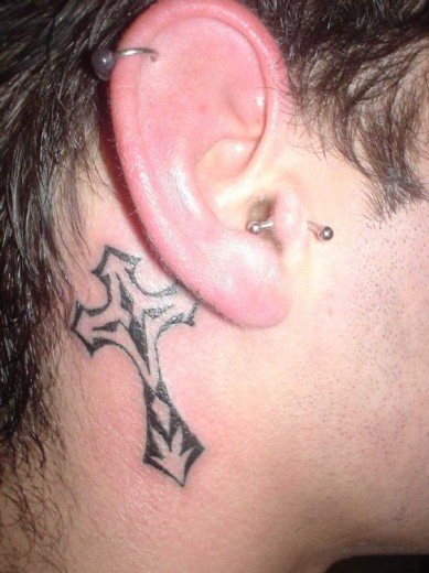 Cross Tattoo Behind Ear