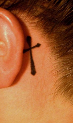 Small Cross Tattoo Behind Ear