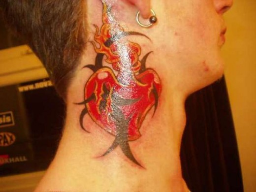 Fiery Heart Tattoo On Neck