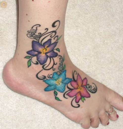 Colorful Flowers Tattoo On Ankle & Foot