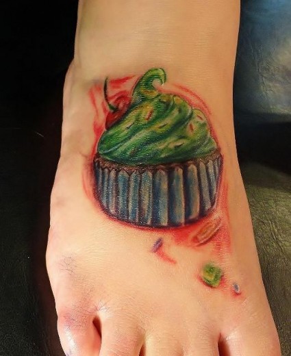 Green Cupcake Tattoo On Foot