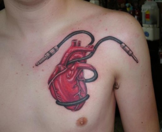 Heart With Wires Tattoo On Chest