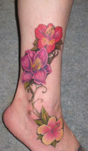 Hibiscus Flowers Tattoo On Ankle & Leg