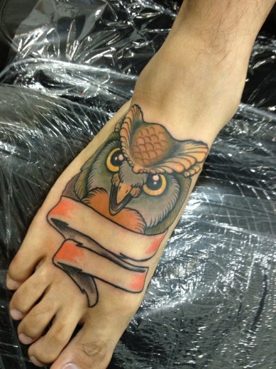 Owl Tattoo On Foot