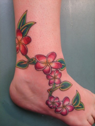 Red Flowers Tattoo On Ankle & Foot