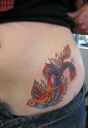 Colorful Bird Tattoo On Waist