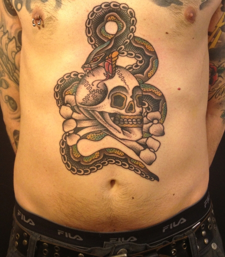 Skull & Snake Tattoo On Stomach