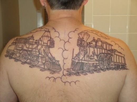 Steam Trains Tattoo On Back