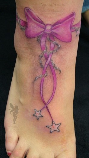 Pink Bow Tattoo On Foot