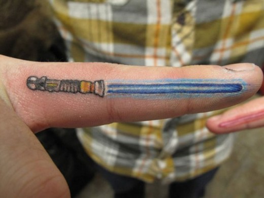 Blue Lightsaber Tattoo On Finger