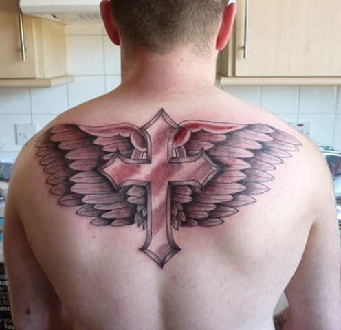 Cross With Wings Tattoo On Back