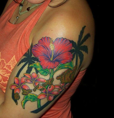 Hibiscus Flowers Tattoo On Shoulder