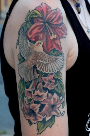 Sparrow With Flowers Tattoo On Shoulder