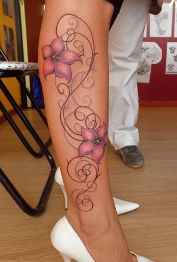 Pink Flowers Tattoo On Leg