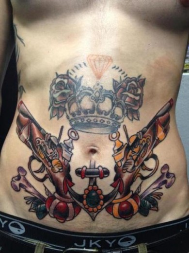 Traditional Pistols Tattoo On Stomach