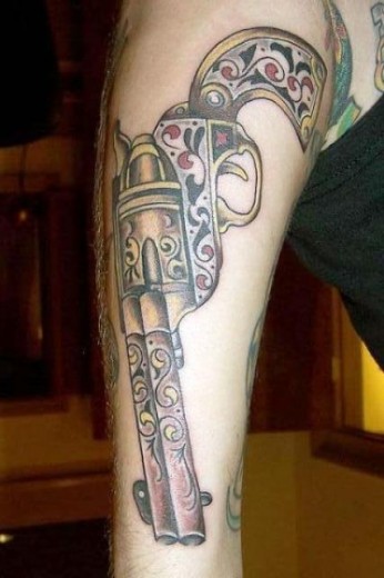 Traditional Revolver Tattoo On Arm
