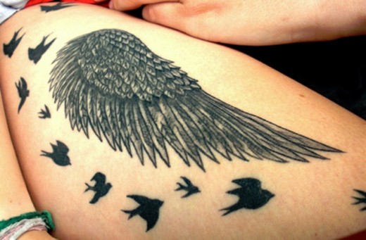 Wing & Birds Tattoo On Thigh