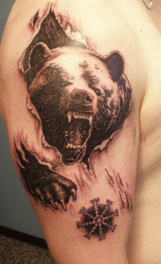 Bear Attack Tattoo On Shoulder