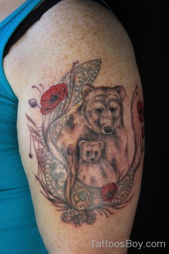 Bears With Flowers Tattoo On Shoulder