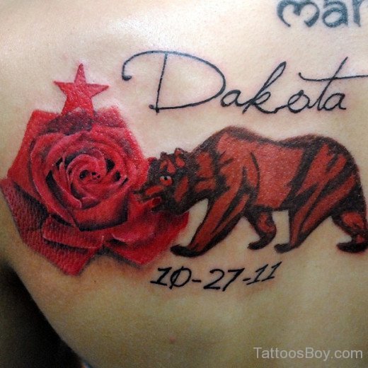 Memorable Bear Tattoo With Red Rose