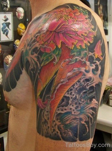 Asian Flower Tattoo Design On Shoulder