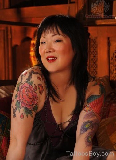Beautiful Asian Flower Tattoo Design On Shoulders
