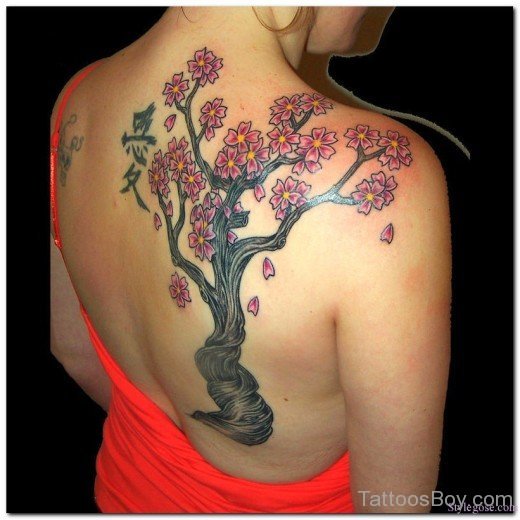 Beautiful Cherry Blossom On Tree Tattoo On Back 