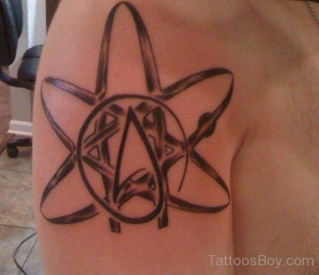 Black Atheist Tattoo Design On Shoulder