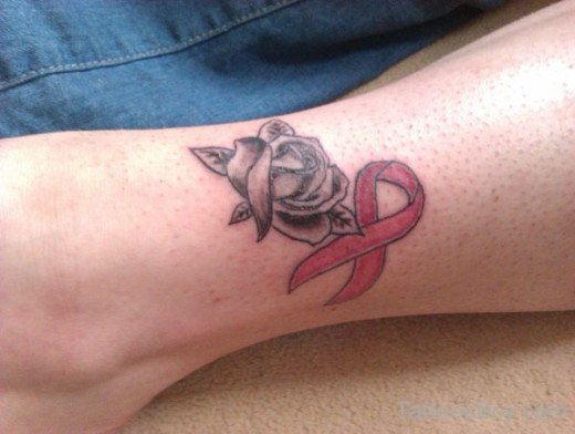 Black Rose And Ribbon Tattoo On Ankle