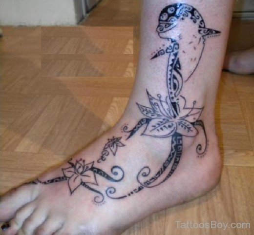 Fine Flower And Dolphin Tattoo On Ankle