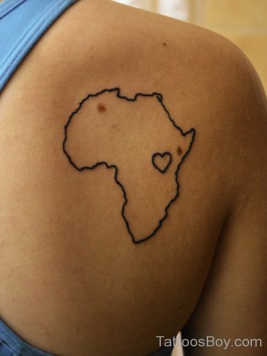 Short African Map Tattoo With Tiny Heart On Back