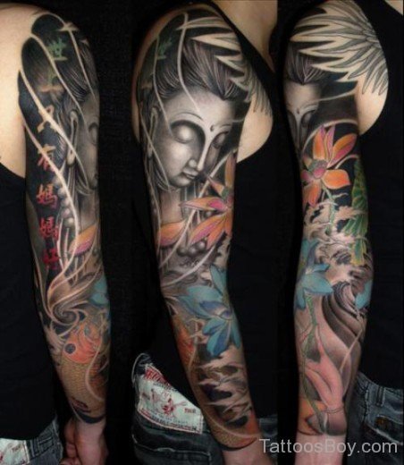 Amazing R Buddhist Tattoo Design On Full Sleeve