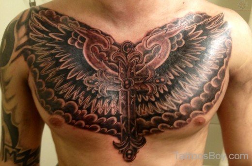 Amazing Wings Cross Tattoo On Chest