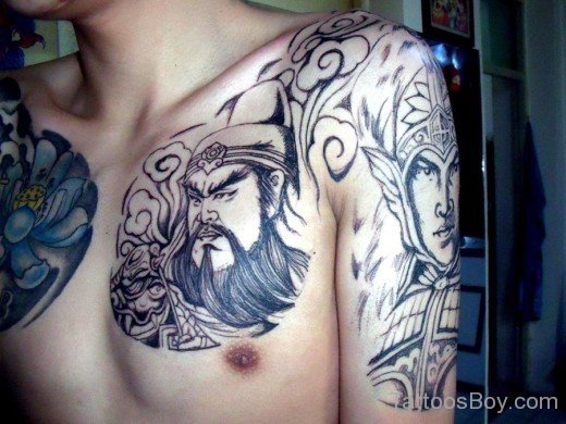 Awesome Chinese Warrior Tattoo On Chest