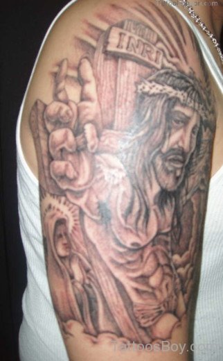 Amazing Jesus Tattoo On Shoulder