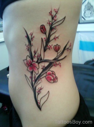 Beautiful Cheery Flower Tattoo On Side  Body Rib