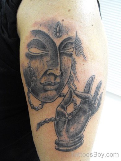 Black Buddhist Tattoo On Shoulder