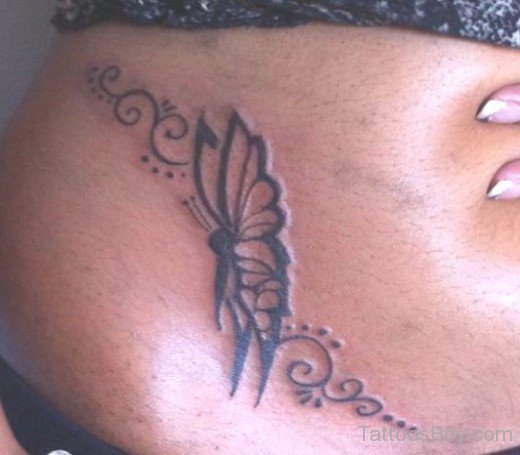 Black Butterfly Tattoo Design On Belly