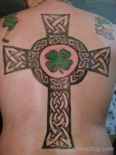 Colorful Cross Tattoo On Back 