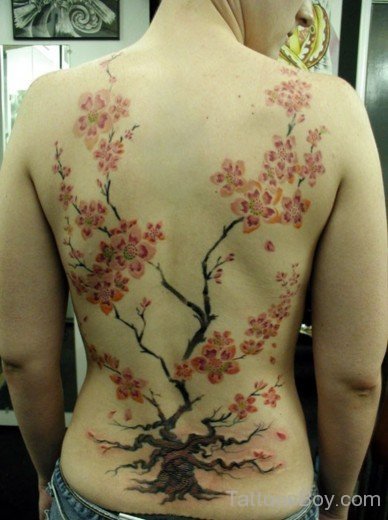 Impressive Cherry Blossom Tattoo On Full Back Body