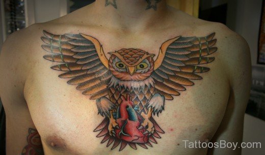 Nice Colorful Owl Tattoo On Chest