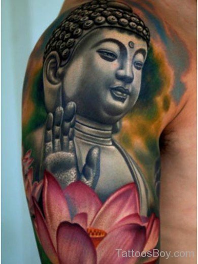 Peaceful  Buddhist Tattoo Design On Shoulders