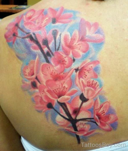 Pink Cheery Blossom Flower Tattoo On Back