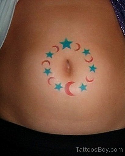 Shining Stars Moon Tattoo Design On Belly