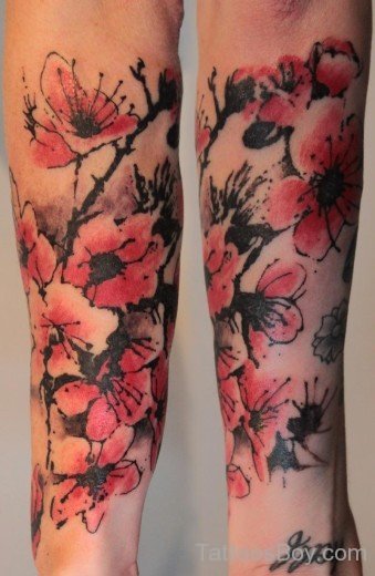 Stylish  Cherry Blossom Tattoo On Full Sleeve