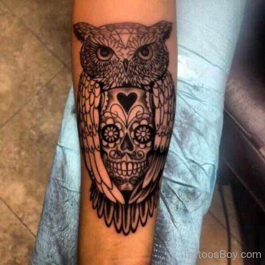 Beautiful Owl Face Tattoo On Elbow