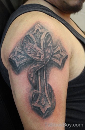 Fine Cross Tattoo On Shoulder